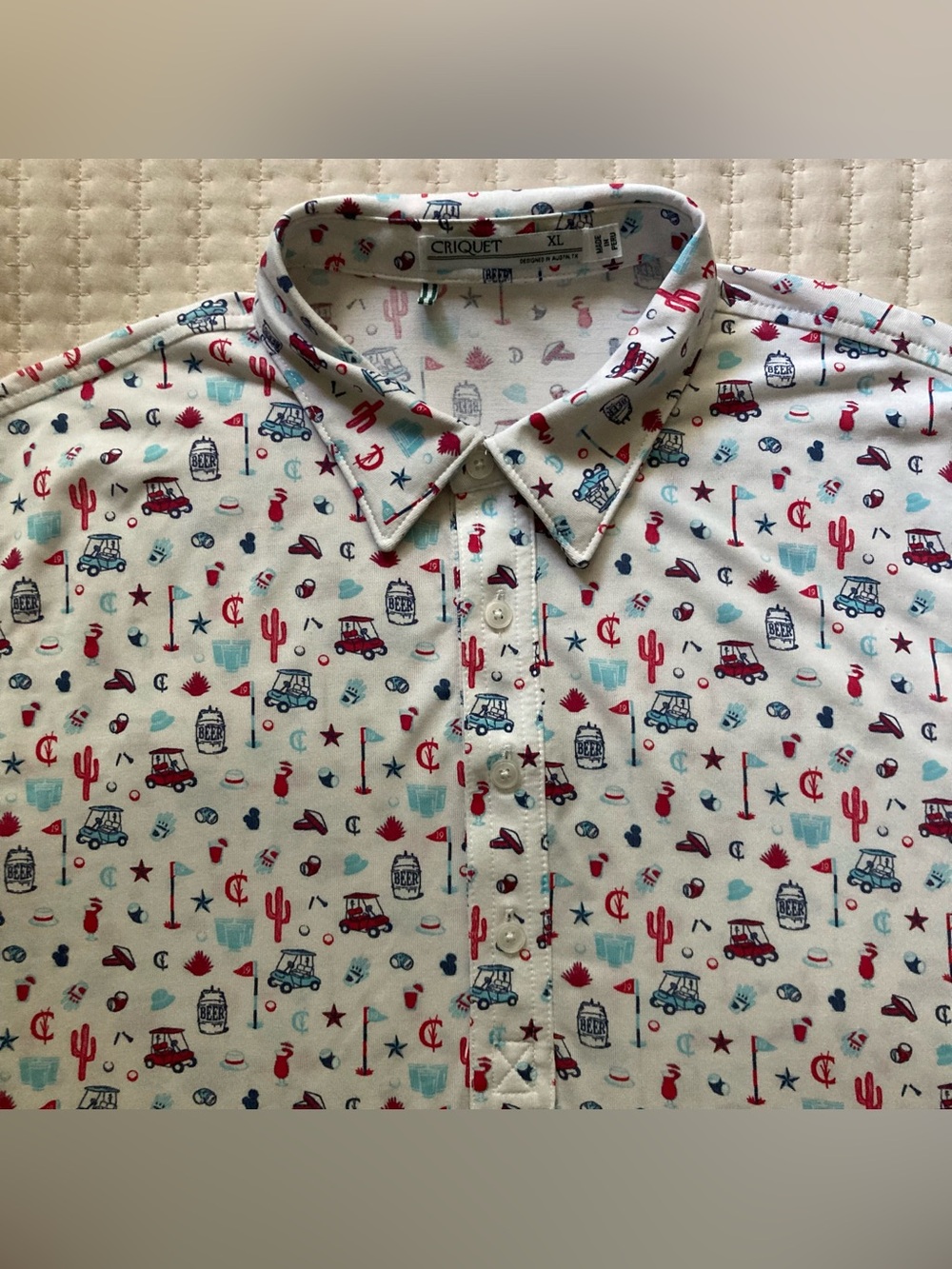 Criquet Golf Beer Themed AOP Polo Shirt Men’s XL White Red Blue Poly Pima Cotton